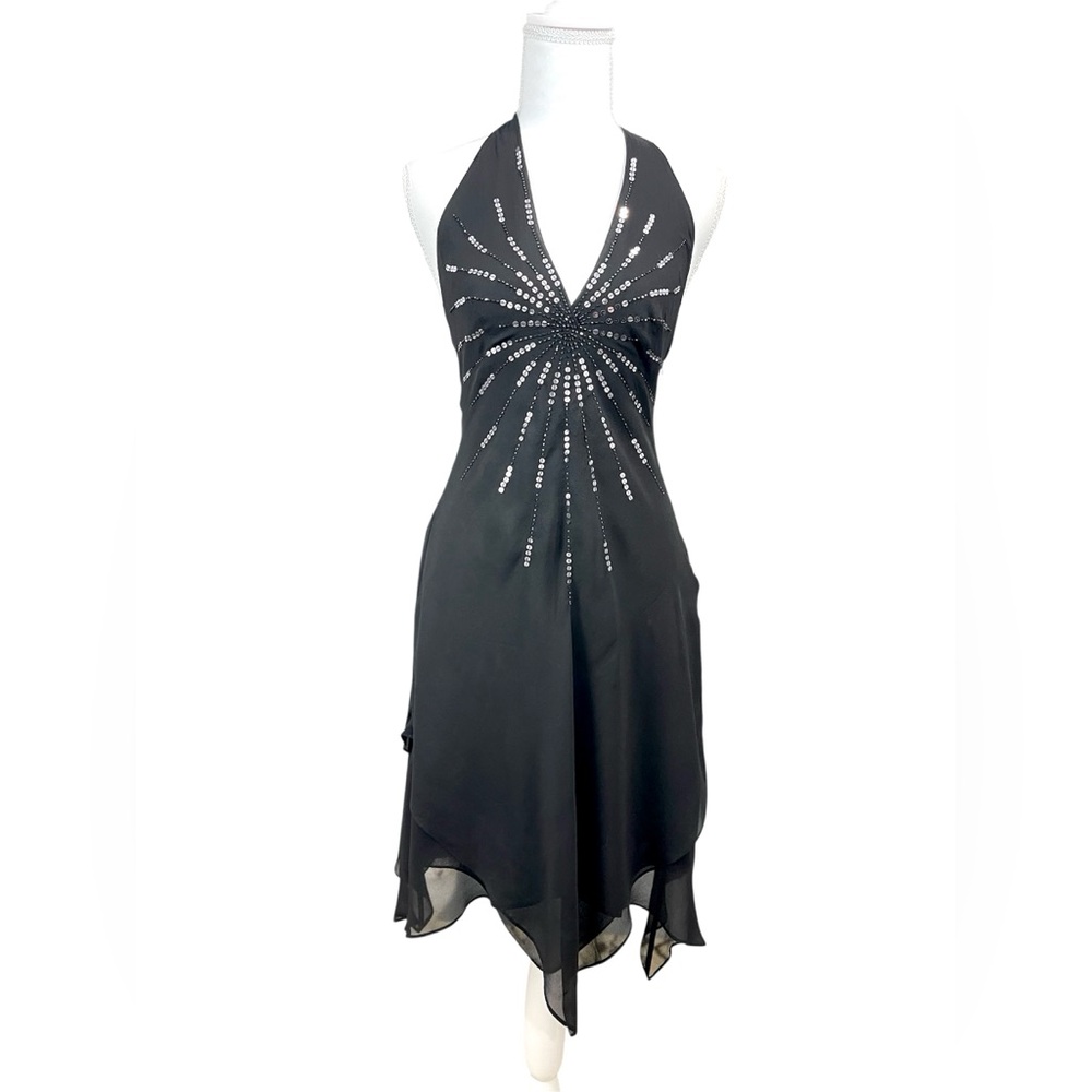 Y2K BCBGMAXAZRIA Asymmetric Silk Midi Beaded Babydoll Dress Fairy Whimsigoth - Picture 1 of 12